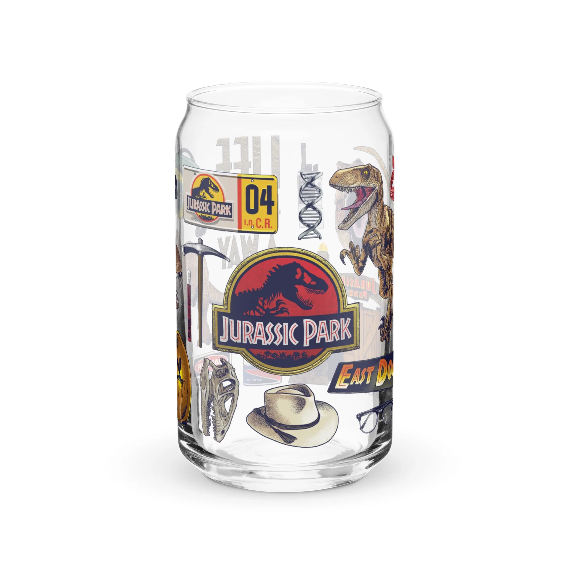 Jurassic Park Icon Collage Can Shaped Glass