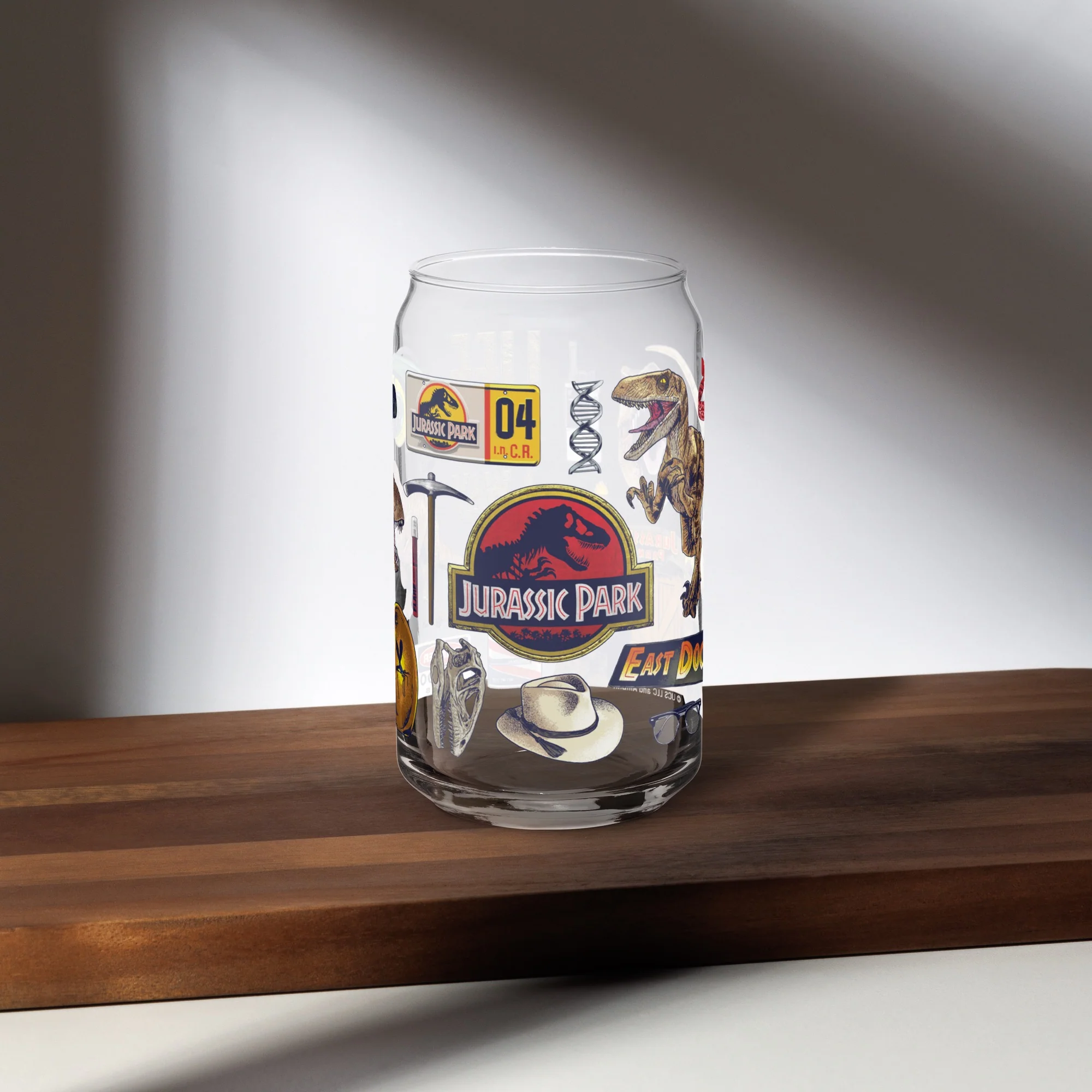 Jurassic Park Icon Collage Can Shaped Glass
