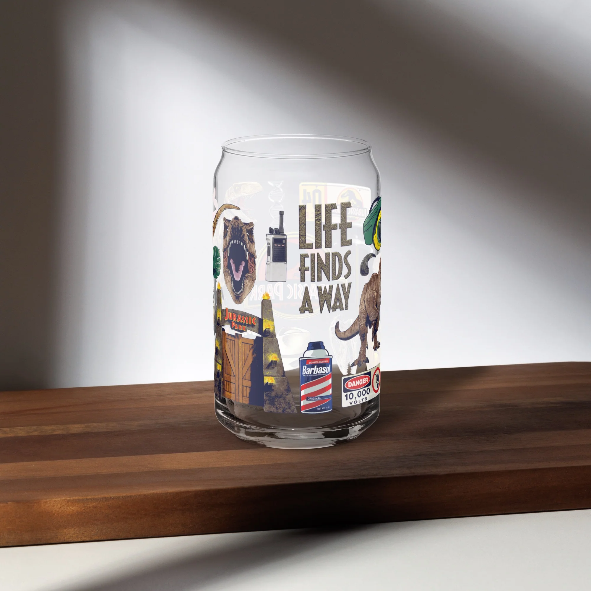 Jurassic Park Icon Collage Can Shaped Glass